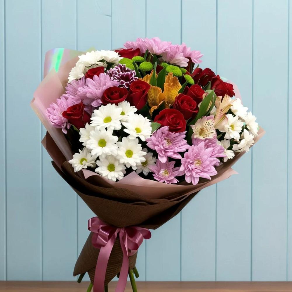 Букет цветов из: Розы, Хризантемы и Альстромерии в Первомайском Удмуртская республика