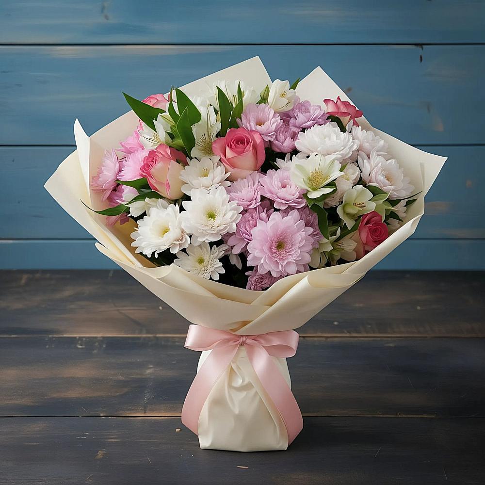 Букет цветов из: Хризантемы, Альстромерии и Розы в Первомайском Удмуртская республика